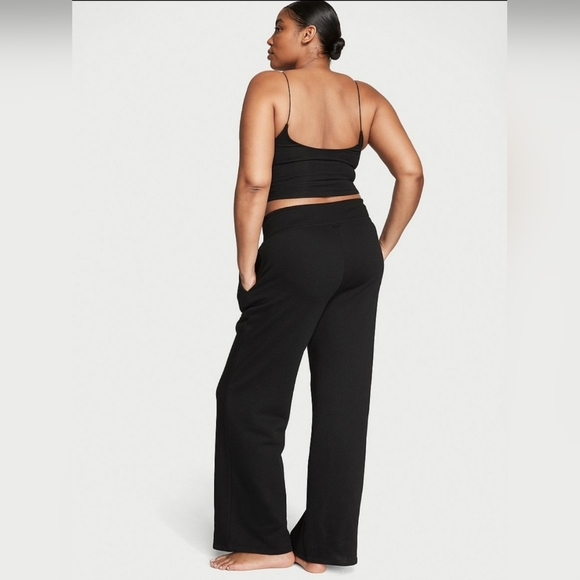 Victoria's Secret Fleece Lace Up High Waist Wide Leg Black Sweatpants Large Long - Picture 2 of 7